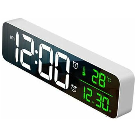 Réveil numérique, réveil LED Horloge murale à miroir numérique Horloge de table à grands chiffres avec affichage de la température de la date, réveil numérique USB, luminosité réglable, blanc (1/5)