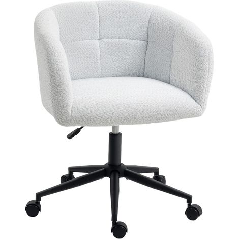 Fauteuil de bureau rembourré en velours crème et noir, design coque, base en acier avec roulettes (1/5)