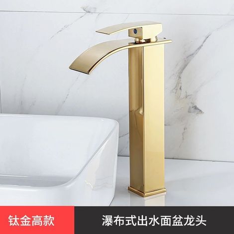 Factory direct price waterfall copper core countertop basin/washbasin/hand basin/washbasin hot and cold water faucet/bathroom faucet - gold flat spout - tall model