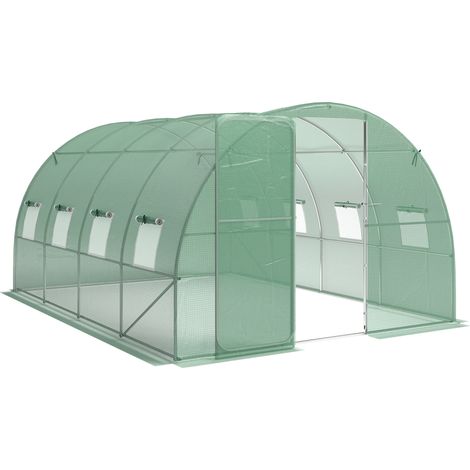 Serre tunnel de jardin 12 m² - 295x400x200 cm, vert - Porte et 8 fenêtres, bâche PE 140 g/m² - Pour potager, jardin - Design résistant (1/5)