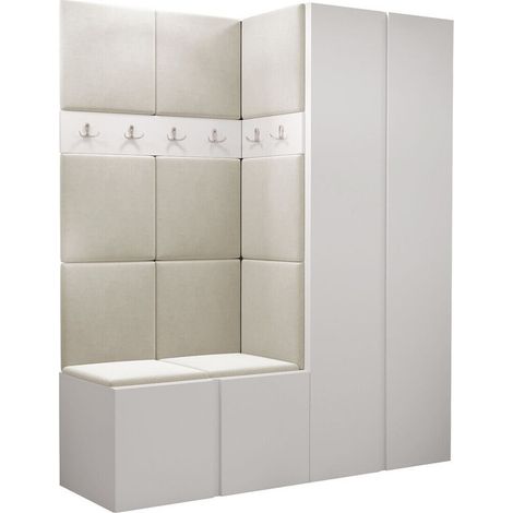 Meuble d'entrée Pinis III, Blanc, 186x158x46cm, Stratifié, Tissu, Murale, À poser (1/5)