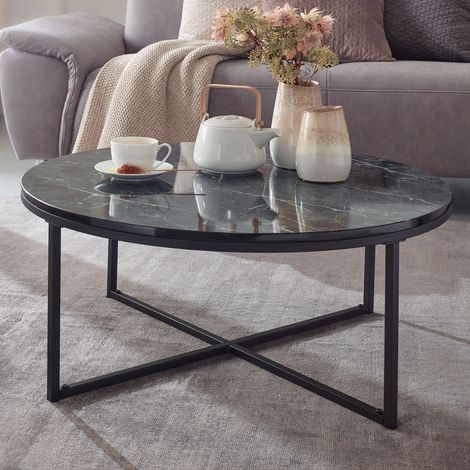 Table basse ronde 80x80x36 cm aspect marbre et métal noir (1/5)