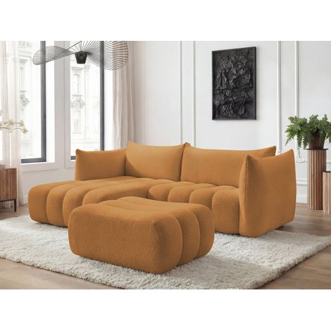 BOBOCHIC - Canapé d'angle fixe AZRA tissu bouclette avec pouf Angle gauche  Jaune