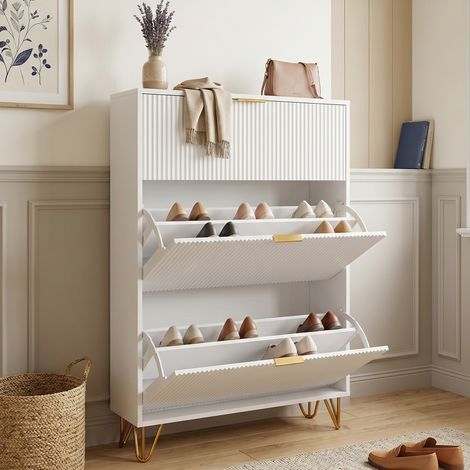 Meuble à chaussures 80, 3 abattants, grande capacité, façade ondulée, pieds dorés, meuble de rangement pour entrée, style moderne/scandinave(80x24x118.5cm, Blanc) (1/5)