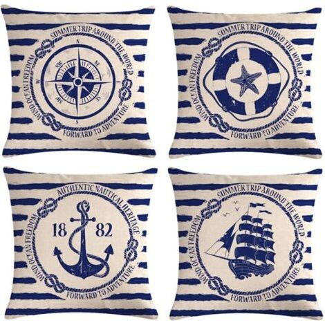 4 pièces housse de coussin voile Navigation boussole housse de coussin décorative coton lin jeter taies d'oreiller 45x45 cm (1/5)