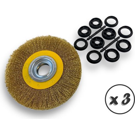 Lot de 3 brosses circulaires LAITON Ø 175 mm Epaisseur 3 rangs Fil dur 0.30 mm ondulé Alésage 32 mm + réducteur bague 25/22/20/16/12 mm Touret affûteuse ponceuse Kibros 235178LTx3 (1/5)