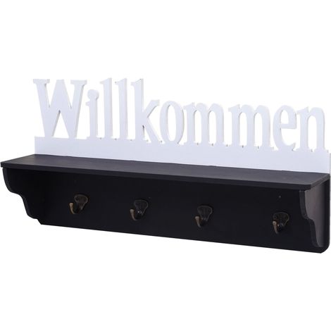 [NEUWERTIG] Wandgarderobe HHG-628 Willkommen, Garderobe Regal, 4 Haken massiv 30x60x13cm schwarz/weiß
