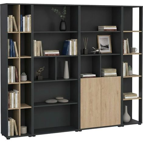 Dmora - Parete attrezzata Litvjak, Composizione soggiorno, Mobile salotto multiuso, Armadio porta TV, 241x34 h205 cm, Rovere e Grigio
