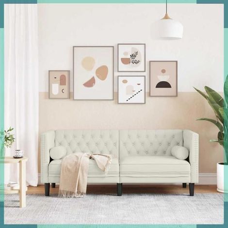 372690 Canapé Chesterfield avec traversins 2 places crème velours (1/5)