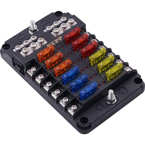 Blocco fusibili per barche, pannello fusibili marino con indicatore di avviso a LED, copertura antiumidità - 12 circuiti con portafusibili per bus negativo per auto, camper, camion, DC 12-24 V, fusibi (1/5)