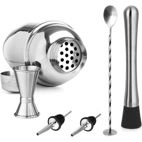 6-teiliges professionelles Cocktail-Set aus Edelstahl mit Shaker und Sieb 550 ml / 750 ml + Messbecher + 2 Ausgießer + Stößel + Barlöffel (1/3)