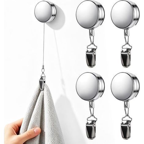 Handtuchhaken – 4er-Set – Ausziehbares Kabel (bis zu 60 cm) und Klebefläche, kein Bohren erforderlich – 9,5 x 4 cm – Silber (1/5)