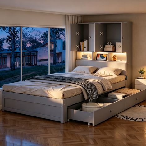 Multifunktionsbett 90 x 200 cm mit gepolstertem Kopfteil, Stauraum, LED und Steckdose, grau HAVRYA (1/5)