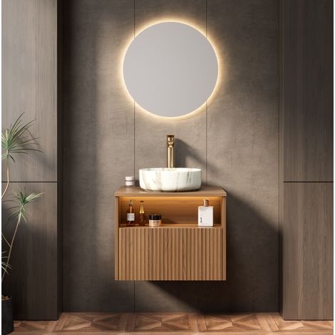Meuble vasque suspendu 60 cm en bois marron et blanc, avec rangement salle de bain FloraGrace (1/5)