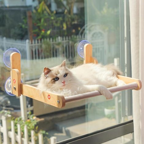 Perchoir de fenêtre pour chat avec cadre en bois - Hamac lit pliable pour chat d'intérieur - Housse en maille sandwich respirante - Ventouses puissantes - Sans perçage - Supporte les grands