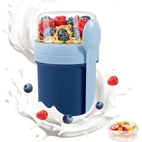 Tazza per muesli, 450 ml + 250 ml, tazza per yogurt, tazza da viaggio per cereali a prova di perdite con cucchiaio e contenitore per salsa, portapranzo senza BPA, ciotola per cereali, per bambini e ad (1/5)