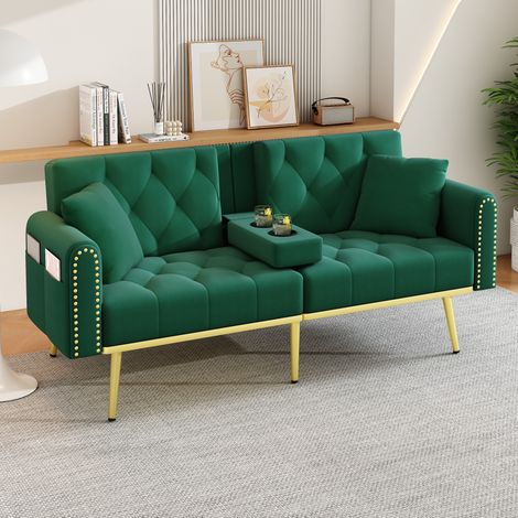 Schlafsofa 175x80x73.5 cm grün aus Samt mit verstellbarer Rückenlehne und Getränkehalter (1/5)