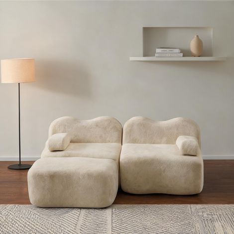 Canapé d'angle modulaire 2 places avec pouf velours beige 192 x (1/5)