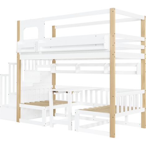 Cama alta infantil multifunción con escritorio abatible, escalera con almacenamiento, 90x200 cm (1/5)