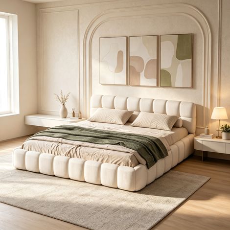 JOOKGBD-Bubble Bett Polsterbett 160x200 cm,Doppelbett mit Lattenrost, Jugendbett mit Gepolstertes Kopfteil, Gepolstertes Bett für Schlafzimmer und Gästezimmer,ohne Matratze, Leinenstoff,Beige