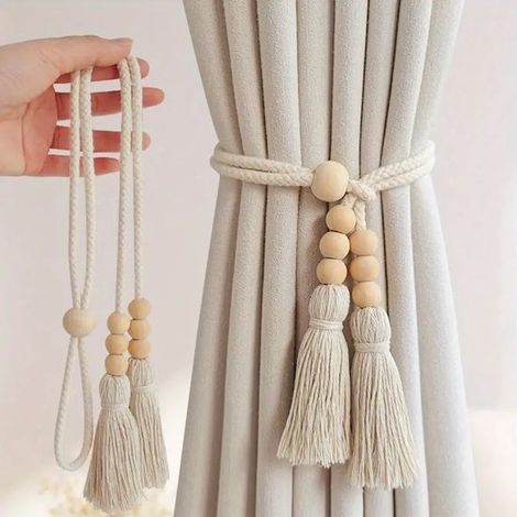 Embrasse de rideau à double pompon et perles - Perles en bois amovibles - Boucle de rideau bohème en corde de coton - Décoration d'embrasse de rideau minimaliste scandinave pour chambres d'hôtes (1/2)