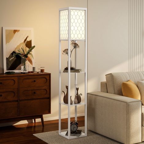 Platzsparende 2-in-1-Stehleuchte mit 3 Ablagen, moderne Lampe für Wohnzimmer, Lounge und Büro, E27-Fassung, 26 x 26 x 160 cm, Weiß