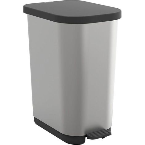 Rotho Cubo de basura con tapa y pedal, 25-40 litros de capacidad, aprovechamiento óptimo de la bolsa de basura (plata)