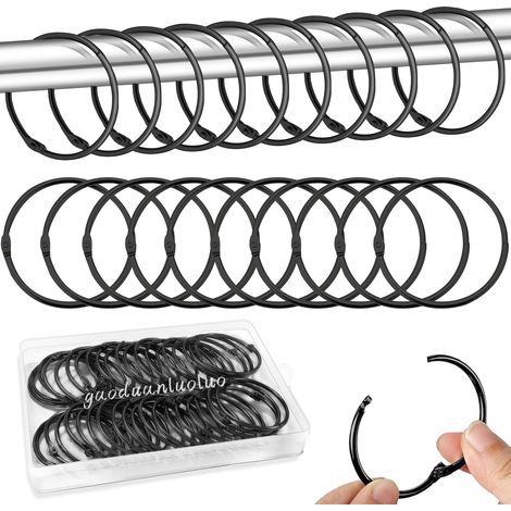 Lot de 40 Anneaux de Rideaux à Ouvrir, Anneau Rideau Douche, Anneaux de Reliure, Clips Métalliques pour Anneaux pour Tringles à Rideaux et Rideau Rail (Noir) (1/4)