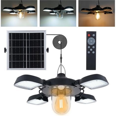 Lampe suspendue à énergie solaire 192 LED avec détecteur de mouvement - 5 modes d'éclairage - Lampe de travail à 4 panneaux - Étanche - Pour tonnelle, garage, magasin, grange, maison (1/5)