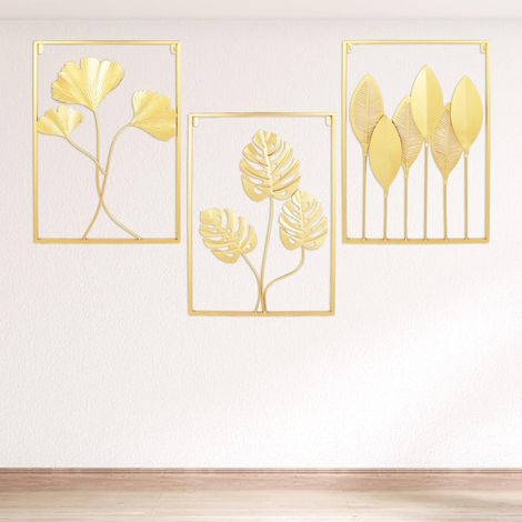 Wanddeko, 3 Stück Metall Eisen Wandskulpturen Gold Golden Ginkgo Biloba Wandbehang Skulpturen Wandbilder 3D Metall Gold Wanddeko Deko für Wohnzimmer Schlafzimmer Hintergrund Wanddekoration