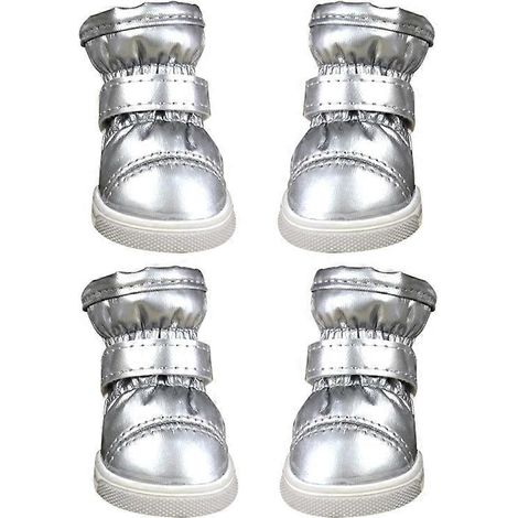Warme Winter-Hundeschuhe, wasserdichte, rutschfeste PU-Stiefel, weiches Fleecefutter, Größe 4, silberfarben.
