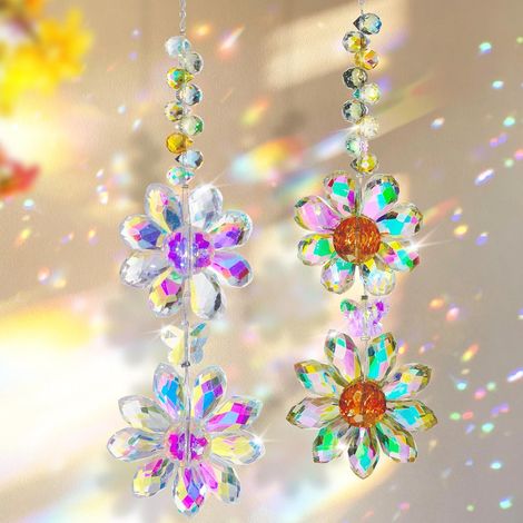 Lot de 2 Attrape Soleil Cristal Capteur a Suspendre Double Fleur Suspendu Arc-en-Ciel Suncatcher Pendentif Capteur pour Fenêtre Chambre et Jardin Noël Jour de fête Mariage (1/5)