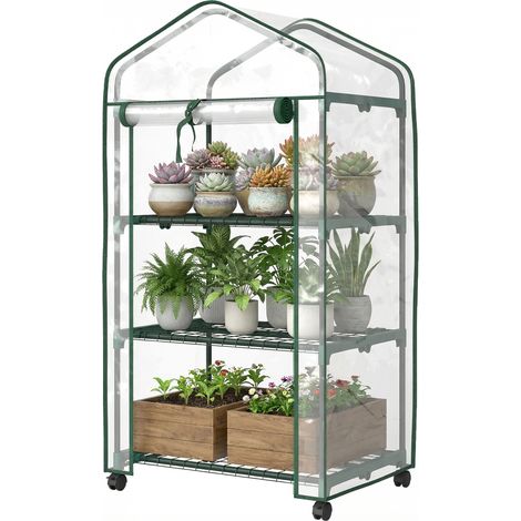 Mini-Gewächshaus mit 3 Regalböden, robuster PVC-Abdeckung, aufrollbarer Tür, 4 Rollen, 69 x 49 x 130 cm, transparent