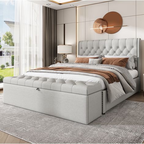 banc coffre 141 x 41,5 x 42 cm gris clair – assise avec rangement, sans matelas (1/5)