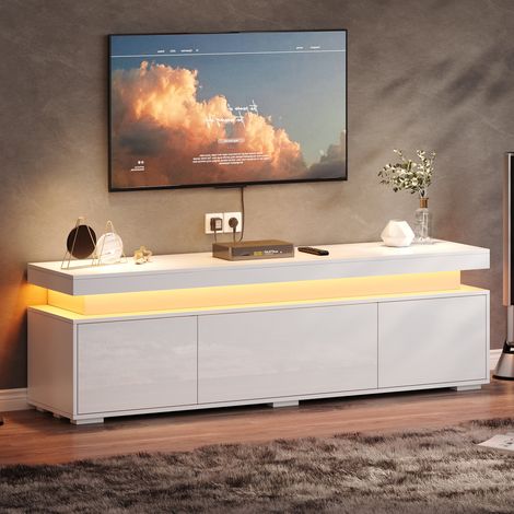 TV Schrank freistehend (150 x 35 x 43 cm), mit LED Lichtleisten, drei Türen, vier Fächern, Spanplatte, Weiß (1/5)