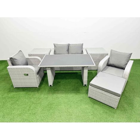 Fimous Outdoor Rattan Garden Furniture Dining Set 5-seater Patio Rectangular Table Love Sofa Reclining Chair Set with 2 Side Tables Big Stool (1/4)