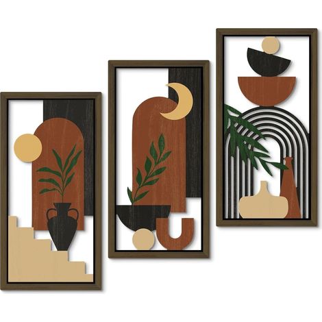 Ensemble d'art mural bohème (3 pièces) - Décoration murale moderne et minimaliste en bois - Terre cuite - Décoration de pièce - Œuvre d'art du milieu du siècle pour chambre à coucher (1/5)