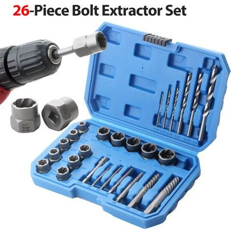 Kit of 26 bolt extractors, spiral screw extractors and drill bits included, extraction sockets for removing damaged, rusted or rounded bolts, nuts and screws (1/5)