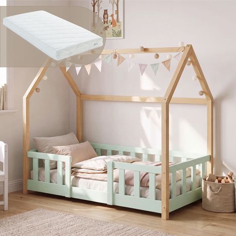 Hausbett Sisimiut im Montessori-Stil mit Matratze und Rausfallschutz 70x140 cm Mintgrün/Natur [en.casa] (1/5)