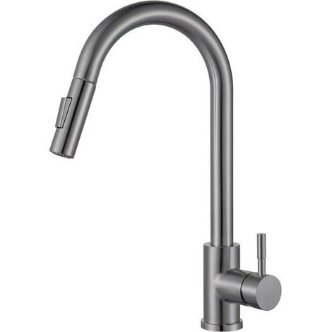 Cross-border 304 Stainless Steel Pull-out Kitchen Faucet, Brushed Gold, Hot and Cold Water Faucet, Lead-free Sink and Dishwasher Faucet - Gunmetal Gray [Straight Pull-out Head]