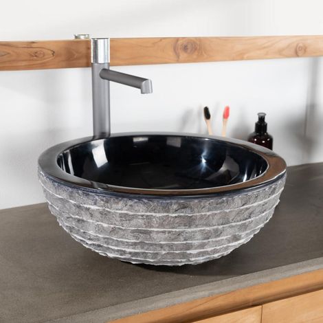 Lavabo sobre encimera redondo de piedra Vesubio negro 40 cm (1/5)