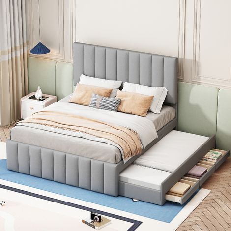Polsterbett 140x200 cm mit Ausziehbett und 3 Schubladen, platzsparendes Doppelbett aus Leinen mit höhenverstellbarem Kopfteil, Gästebett Grau (1/5)
