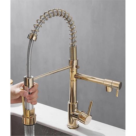 MIMOSON-Pull-out kitchen tap with 2 nozzles, 360° swivel mixer tap with 2 hot/cold sprays, gold color (1/5)