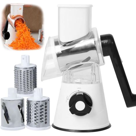 Râpe à Fromage à Manivelle, Mandoline de Cuisine Manuelle avec 3 Lames de Tambour e Base à Ventouse Solide Coupe Legumes
