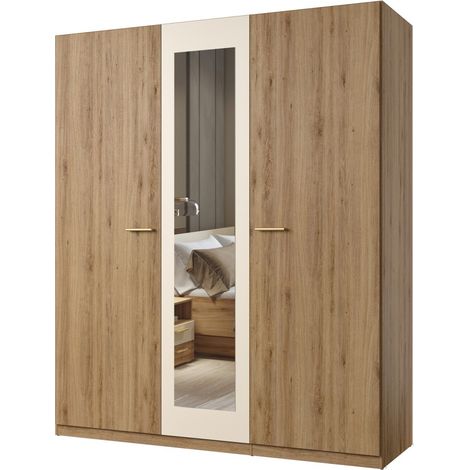 Schrank VERTIGO - 3 Türen 179x215 cm – Wildeiche und Sandbeige – Mit zentralem Spiegel