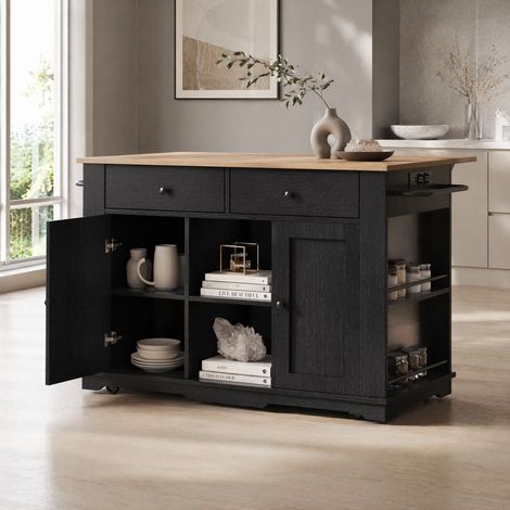Isla de cocina 151,5x59,7x91,7 cm en MDF negro, con almacenaje, para cocina FloraGrace (1/5)