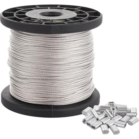 Bobine de câble métallique en acier inoxydable avec 70 manchons à sertir en aluminium - 2 mm x 70 m - Fil de suspension pour cadre photo - Noyau de 7 x 7 brins