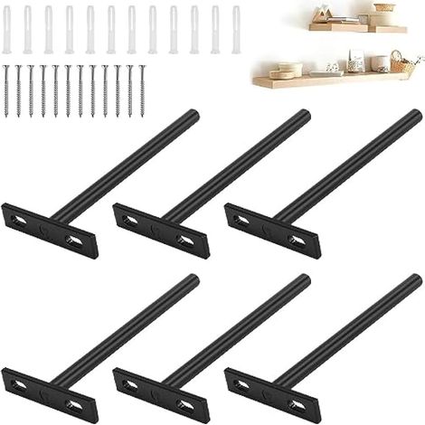 6 PCS Supports d'Étagère Flottants Invisible Support en Métal pour Tablette Flottante Equerre pour Tablette Murale Noir Équerre de Fixation Étagère avec Vis pour Armoire Cuisine, 15470mm (1/5)