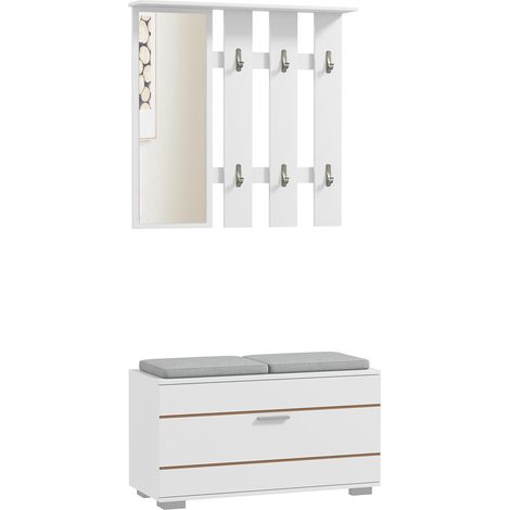 Ensemble de meubles d'entrée avec porte-manteau, miroir, banc avec coussins et étagère à chaussures pour 8 paires de chaussures, blanc (1/5)