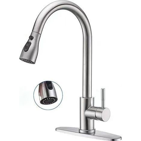 Robinet de cuisine avec douchette extractible - Robinets de cuisine à poignée unique en nickel brossé (1/5)